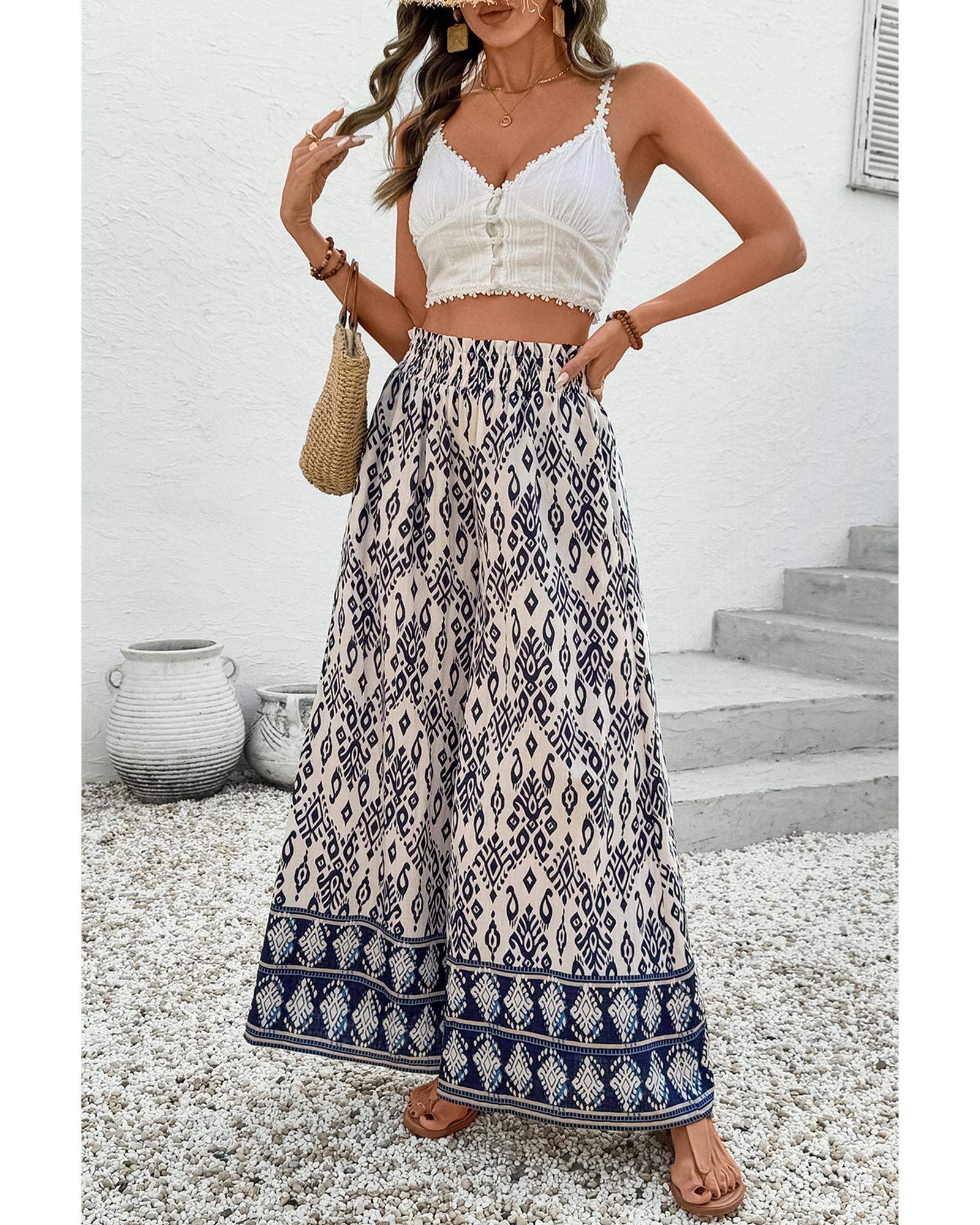 Blue Boho Pattern Print High Waist Wide Leg Loose Pants - XL