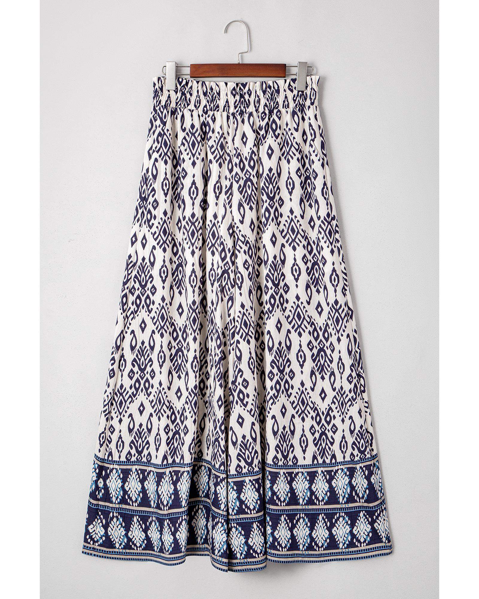 Blue Boho Pattern Print High Waist Wide Leg Loose Pants - XL