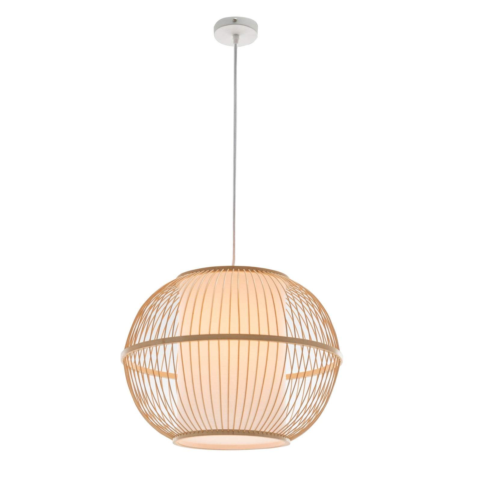 Natural woven bamboo sphere pendant lamp with bell-shaped shade and warm tropical lighting