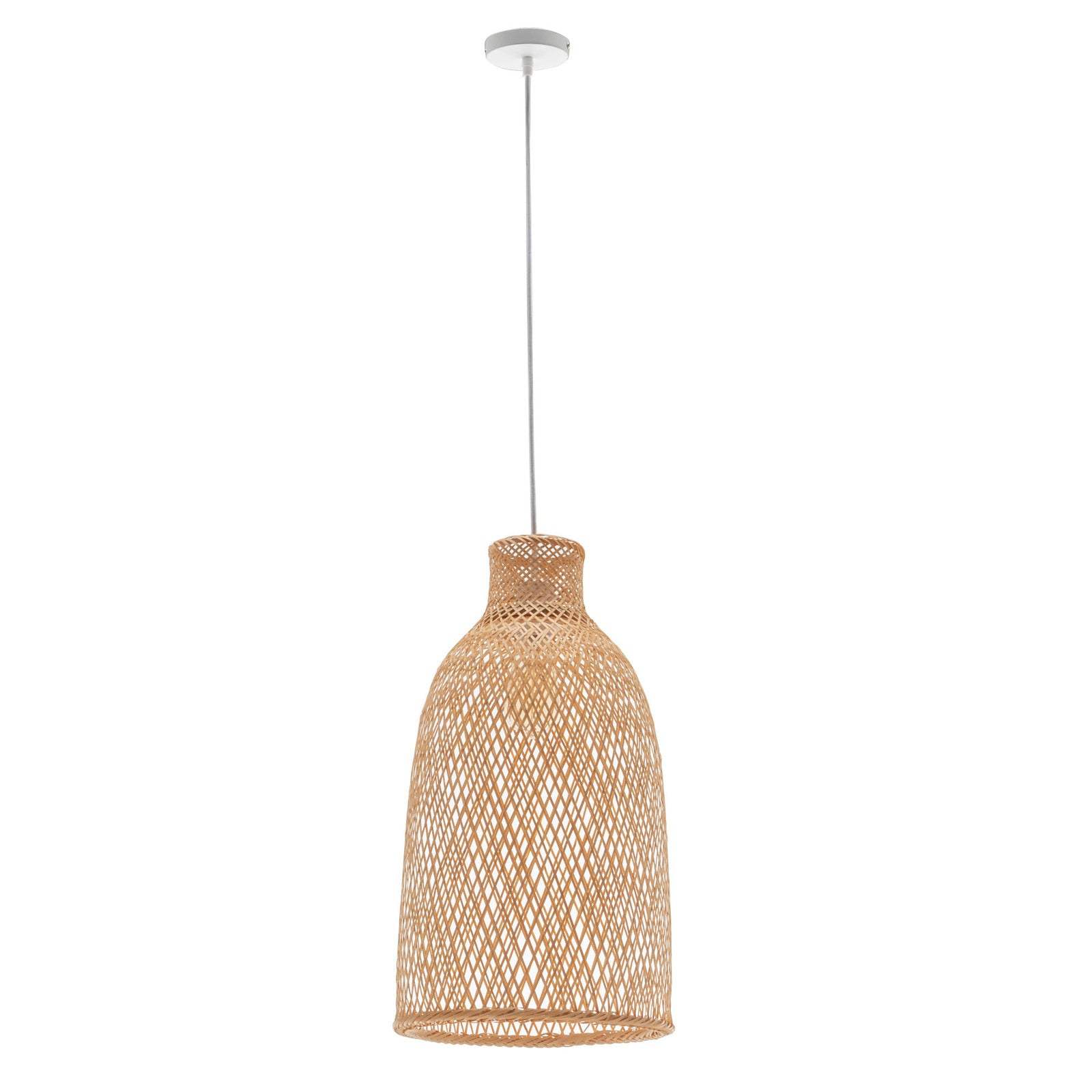 Natural woven bamboo cone pendant lamp with bell-shaped shade and adjustable hanging cord for boho tropical decor