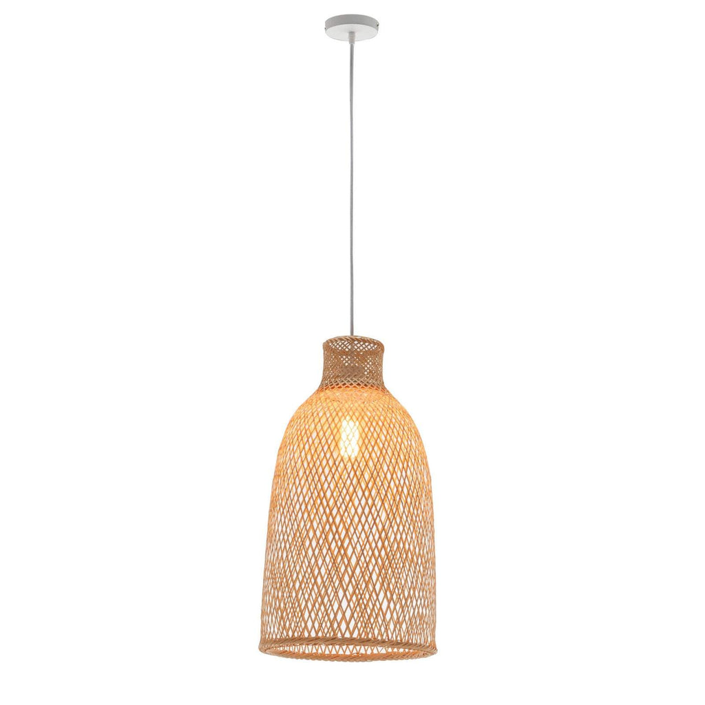 Natural woven bamboo cone pendant lamp with bell-shaped shade and adjustable hanging cord in boho tropical style