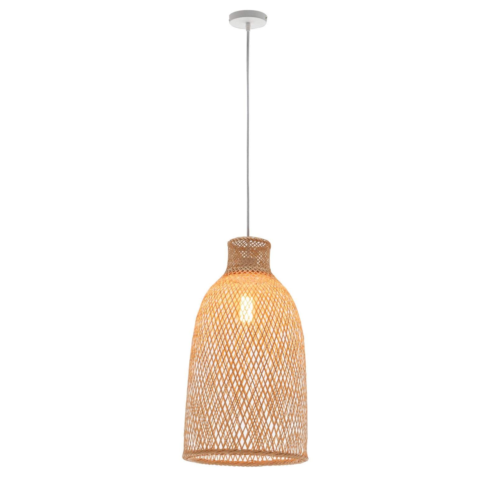 Natural woven bamboo cone pendant lamp with bell-shaped shade and adjustable hanging cord in boho tropical style