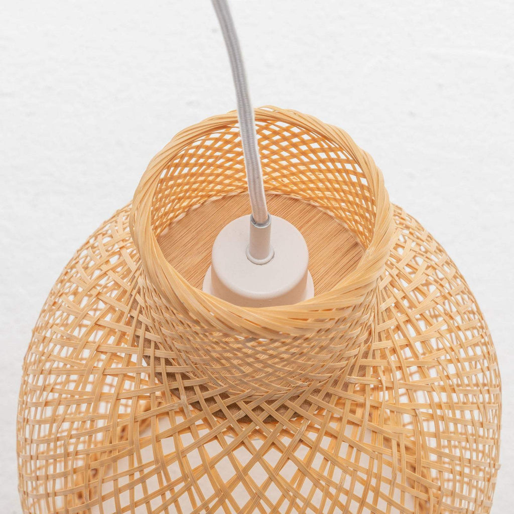 Natural woven bamboo cone pendant lamp with bell-shaped shade and adjustable cord hanging light
