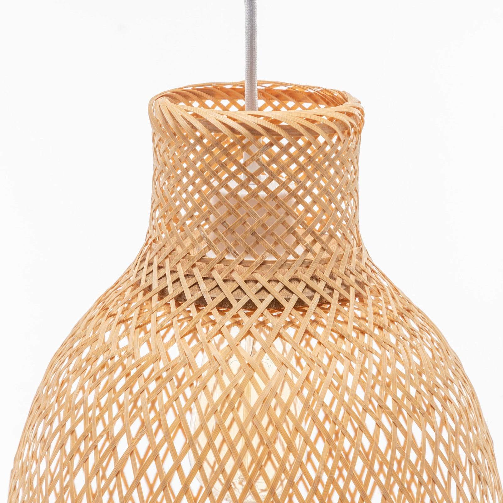 Natural woven bamboo cone pendant lamp with boho tropical design and bell-shaped shade
