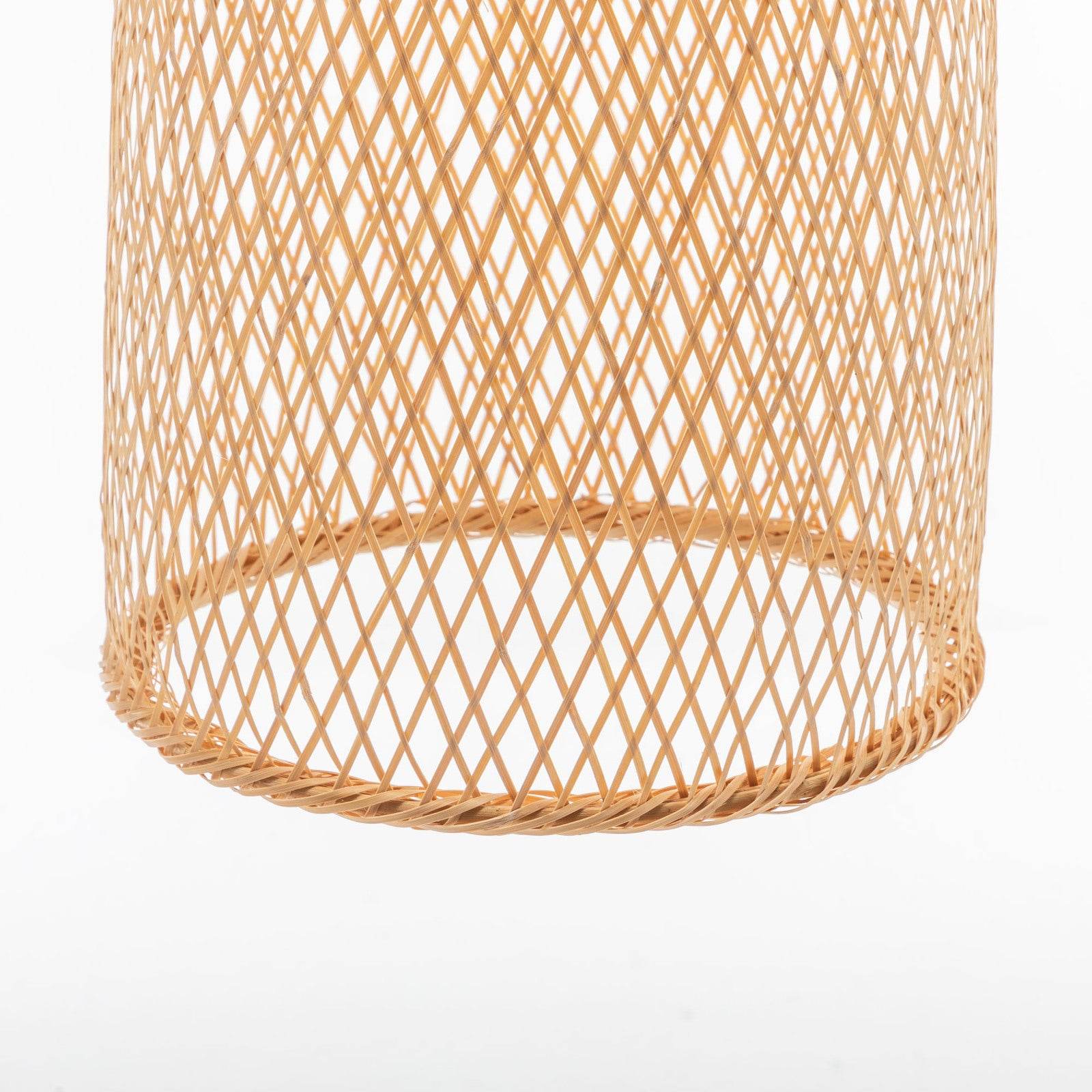 Natural woven bamboo cone pendant lamp with a boho tropical design and hand-woven bell-shaped shade