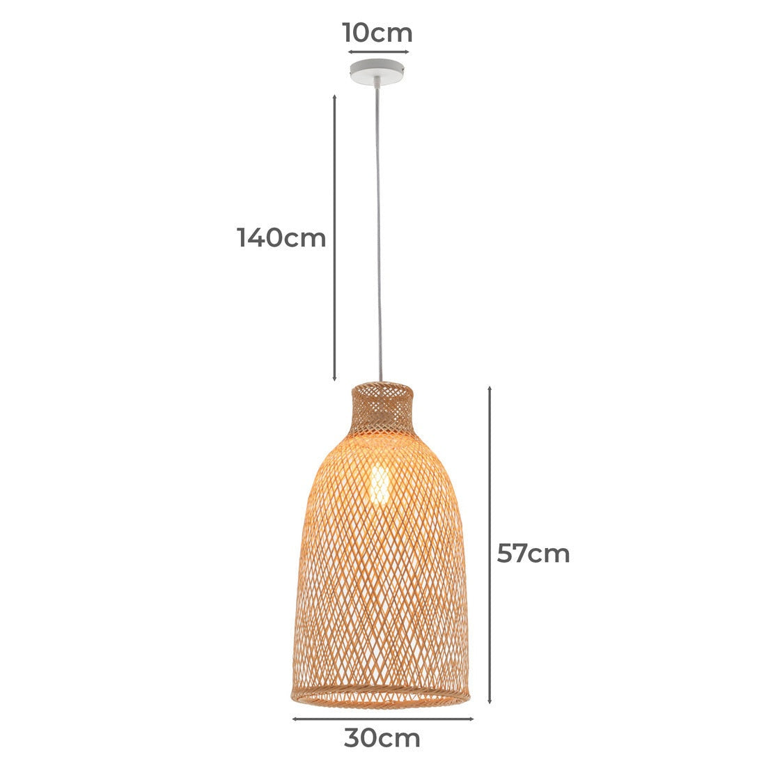Natural woven bamboo cone pendant lamp with adjustable 140cm cord and 30cm diameter bell-shaped shade for boho tropical decor.