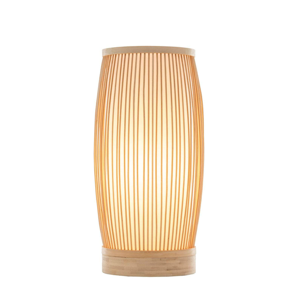 Natural woven bamboo cylinder table lamp with vertical slats and warm light shade for boho coastal decor