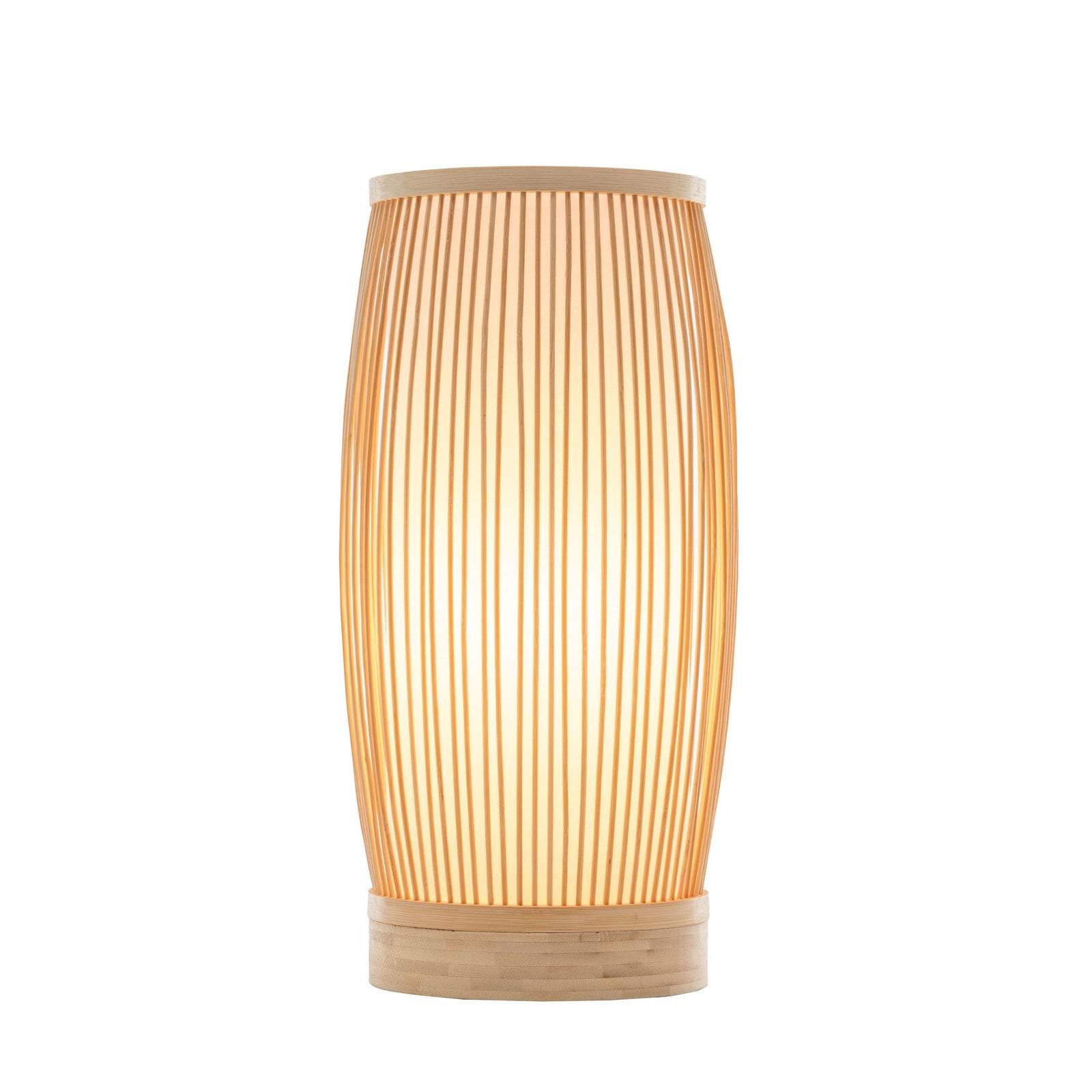 Natural woven bamboo cylinder table lamp with vertical slats and warm light shade for boho coastal decor