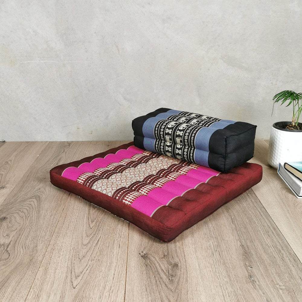 Square meditation cushion and seating block set with traditional Thai design in pink, blue, and black, made of 100% kapok cotton.