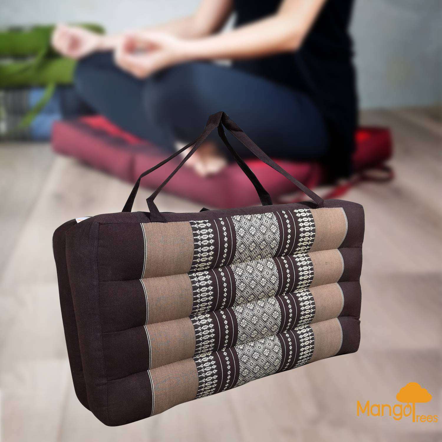 Brown 2-fold meditation cushion with organic kapok filling and carrying handle for yoga and seating support