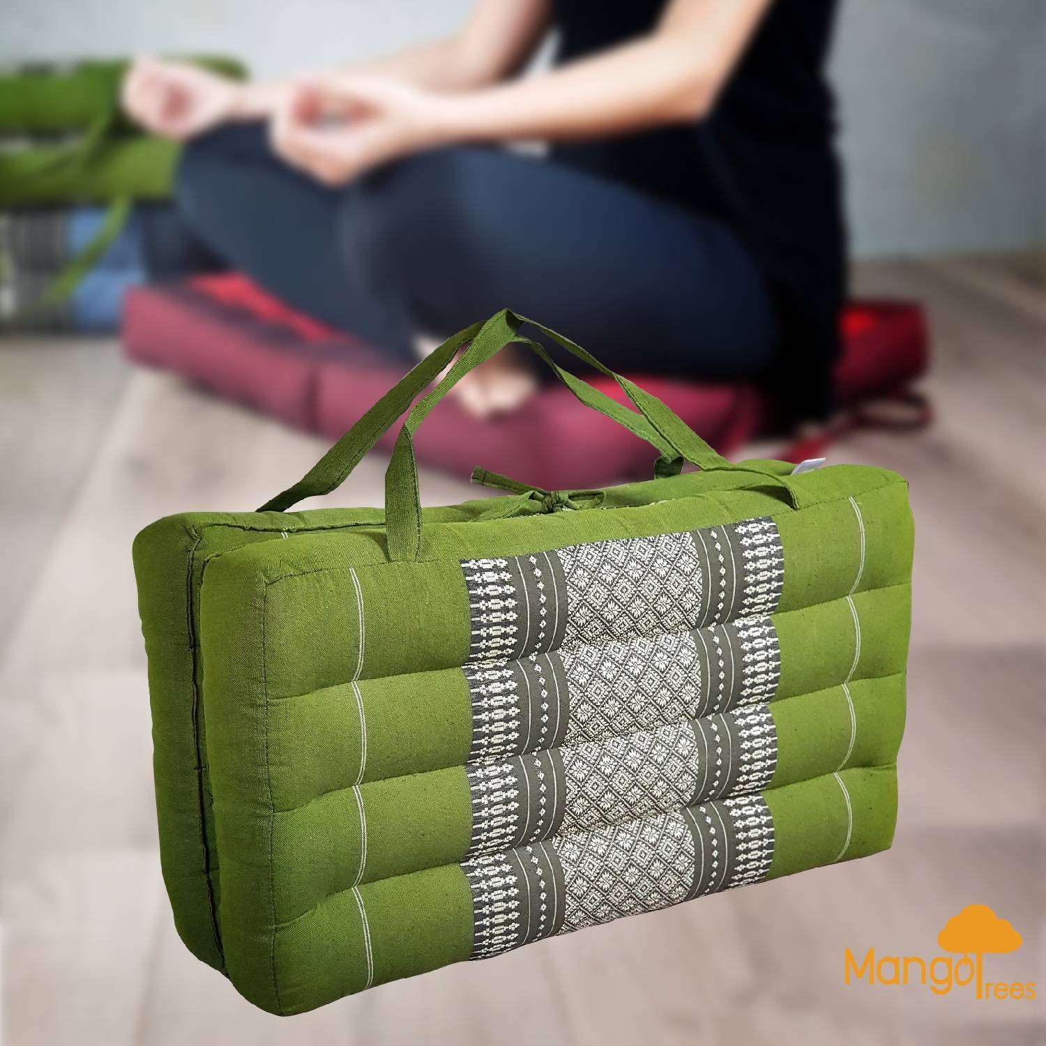 Green 2-fold meditation cushion with organic kapok filling and carry handle, handmade cotton fabric yoga mat