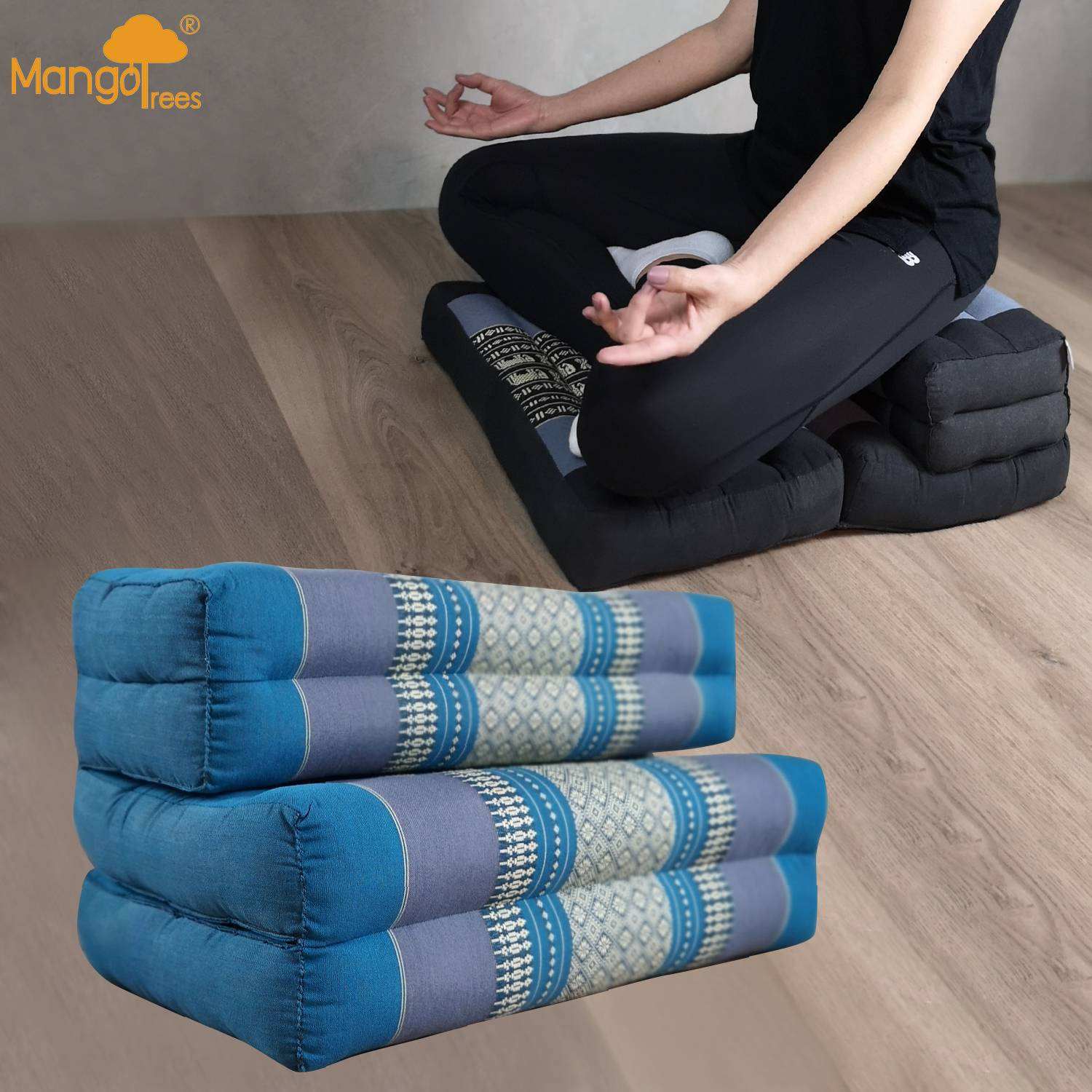 Blue 3-fold Zafu meditation cushion set made of 100% organic kapok fiber with traditional Thai design for comfortable seated posture.