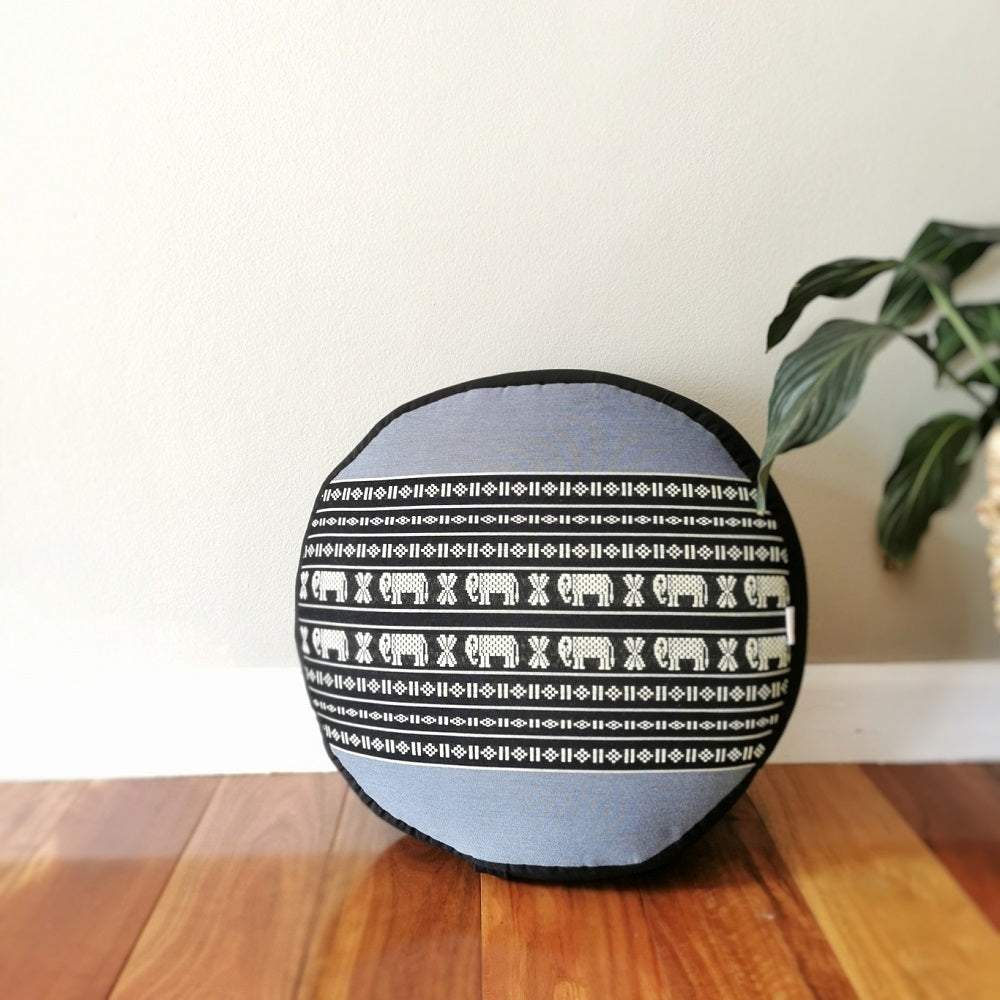 40cm round blue meditation cushion with black and white elephant pattern filled with organic kapok for firm comfort and yoga practice