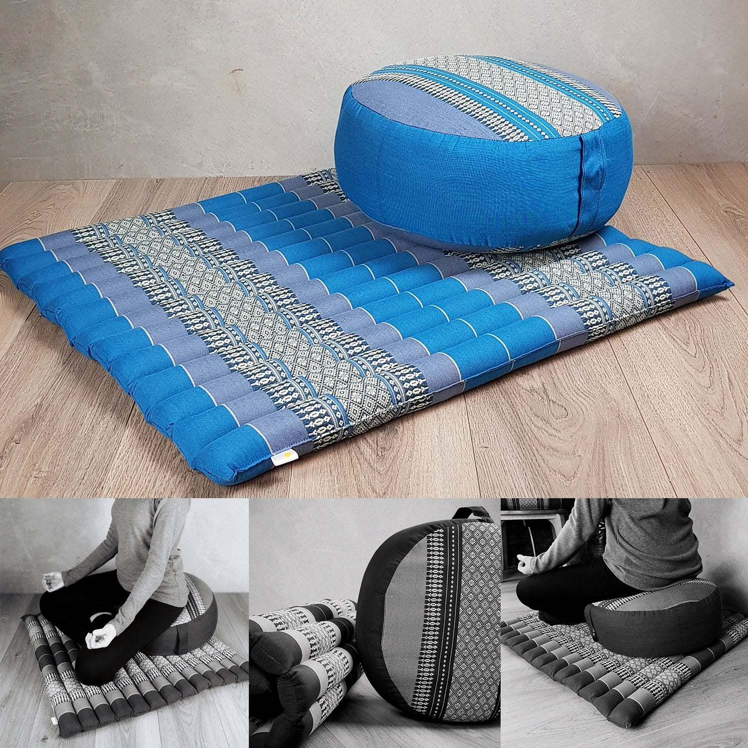Blue Zafu round meditation cushion and Zabuton foldable square mattress set with Thai pattern for posture support