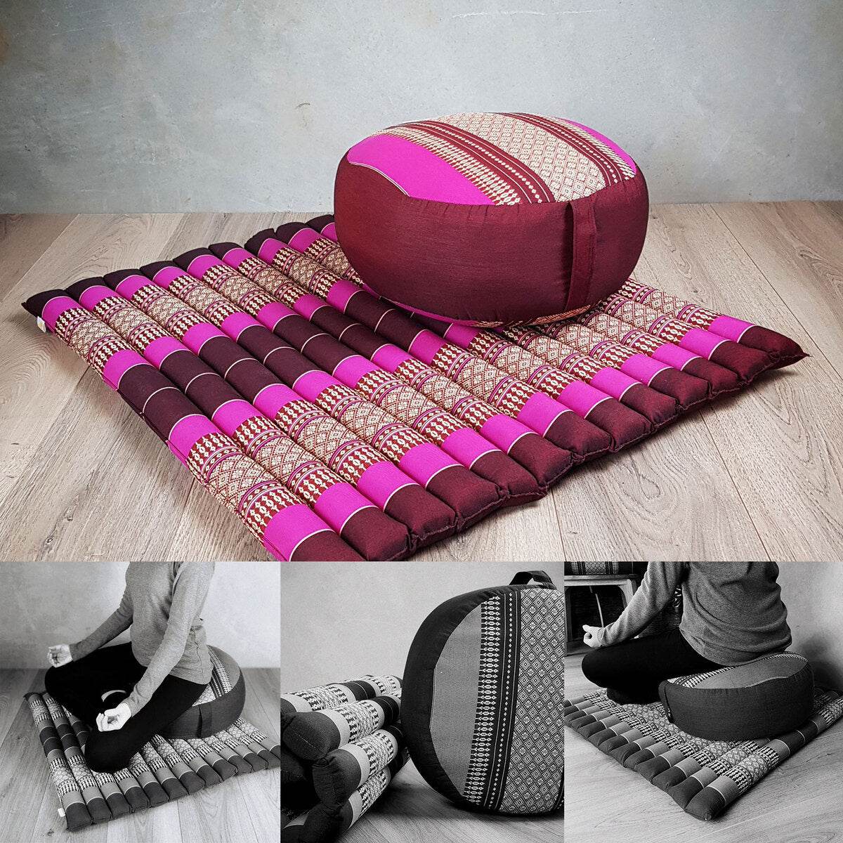 Pink Zafu round meditation cushion and matching Zabuton foldable mat set with traditional Thai patterns for posture support.