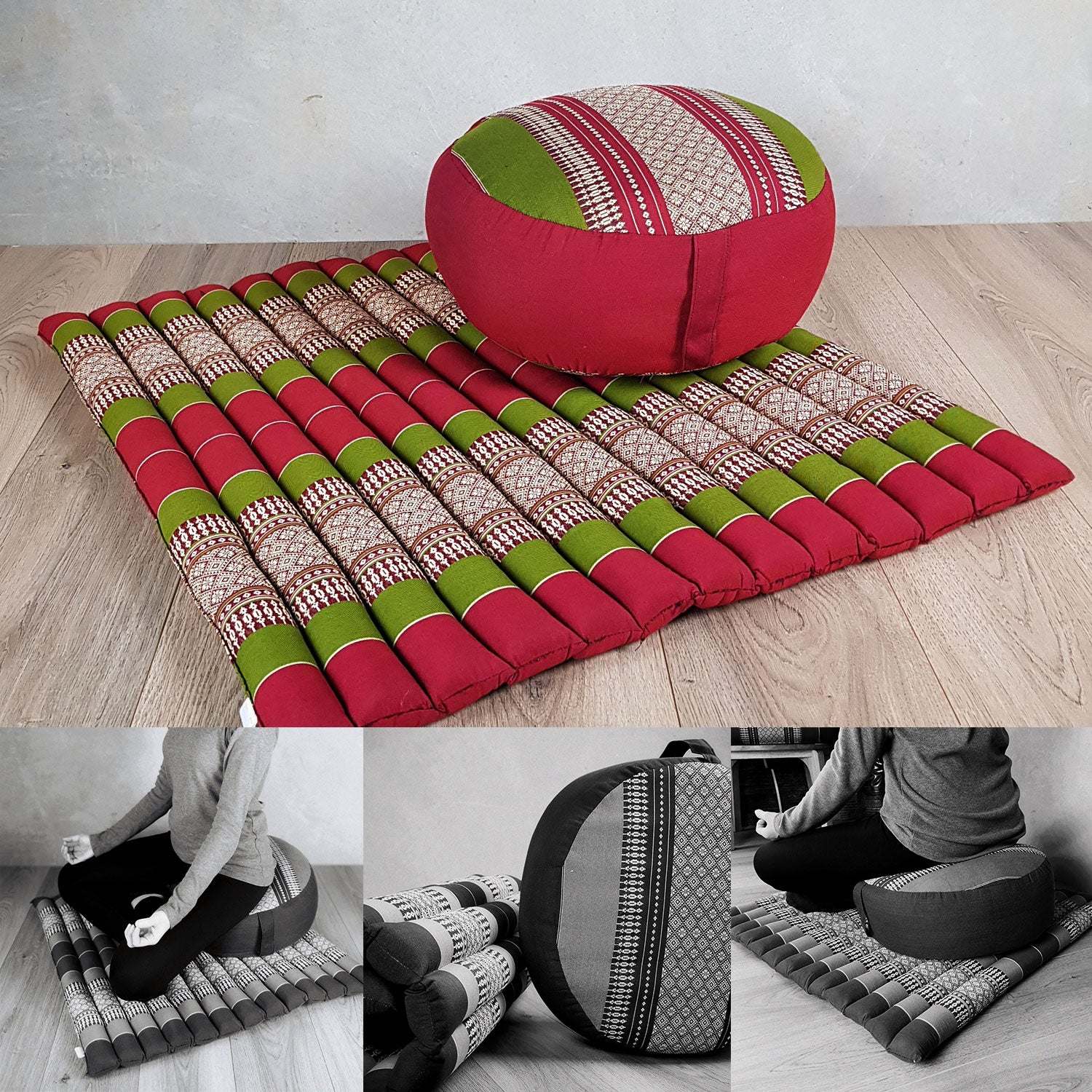 Red and green Thai Zafu round meditation cushion with matching Zabuton foldable mattress set for posture support during meditation
