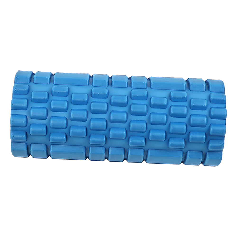 Commercial deep tissue foam roller in blue with textured surface for yoga, Pilates, and muscle recovery