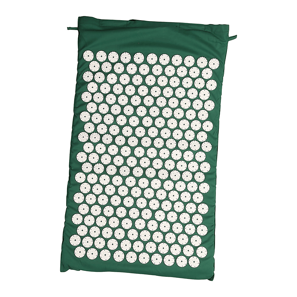 Green acupressure yoga health fitness mat with white circular acupuncture points and carrying bag