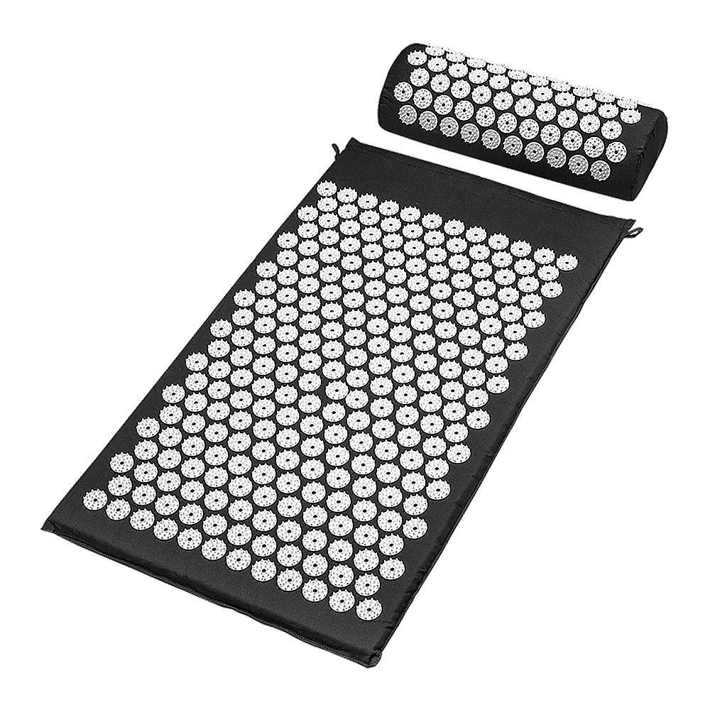 Black massage acupressure yoga mat and pillow set with white acupressure points for pain relief and stress reduction.