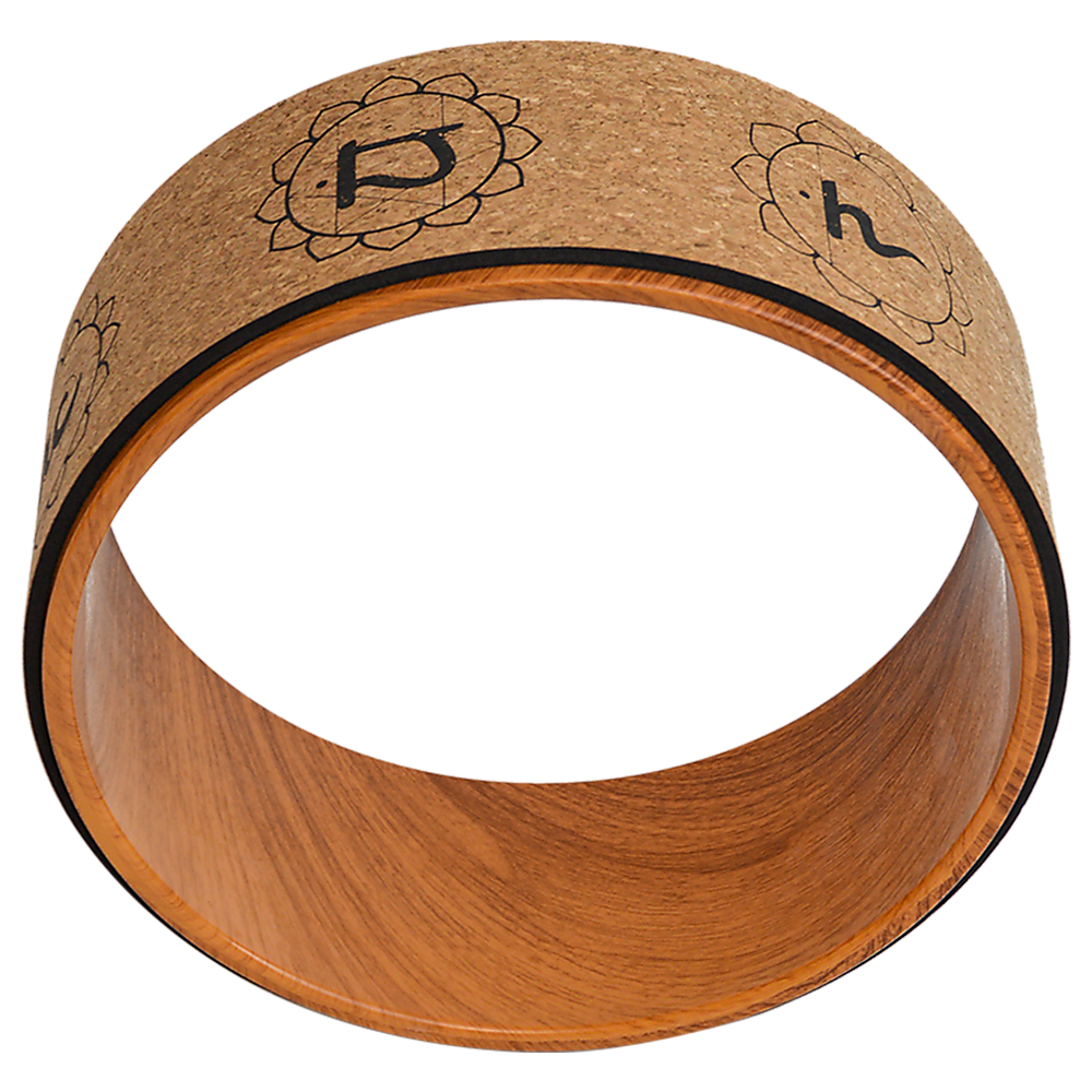 Natural cork yoga Pilates wheel with Indian-inspired mandala design for back, chest, hips, and abdomen stretching and support.