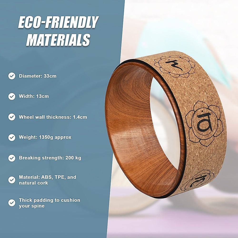 Yoga Pilates wheel made of natural cork with Indian-inspired mandala design, thick padded cushioning, 33cm diameter, lightweight and durable, eco-friendly and antimicrobial stretch roller.