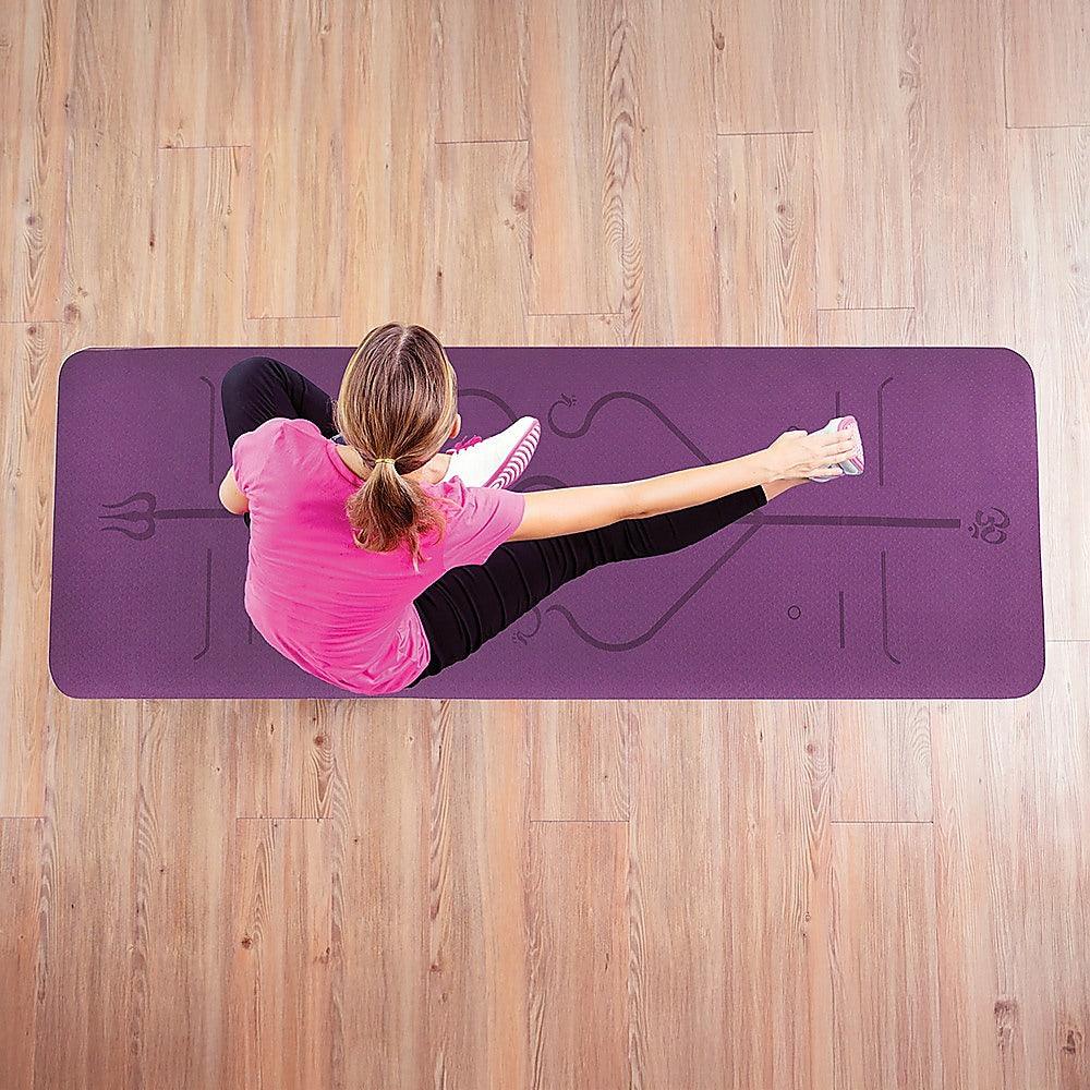 8mm TPE yoga mat in pink and purple with alignment lines, non-slip dual layer for fitness and Pilates exercises