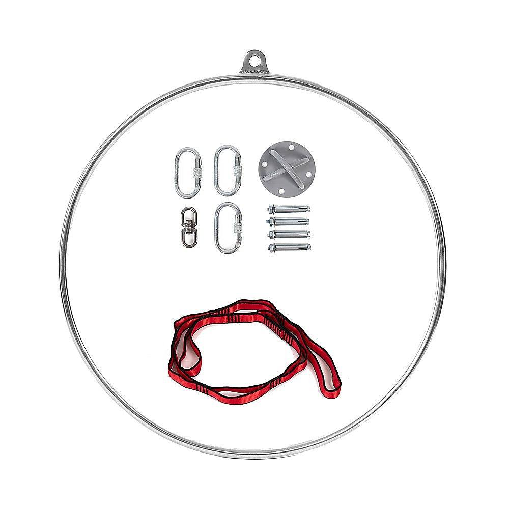 Steel aerial yoga hoop with mounting hardware and red nylon strap for fitness and acrobatics exercises
