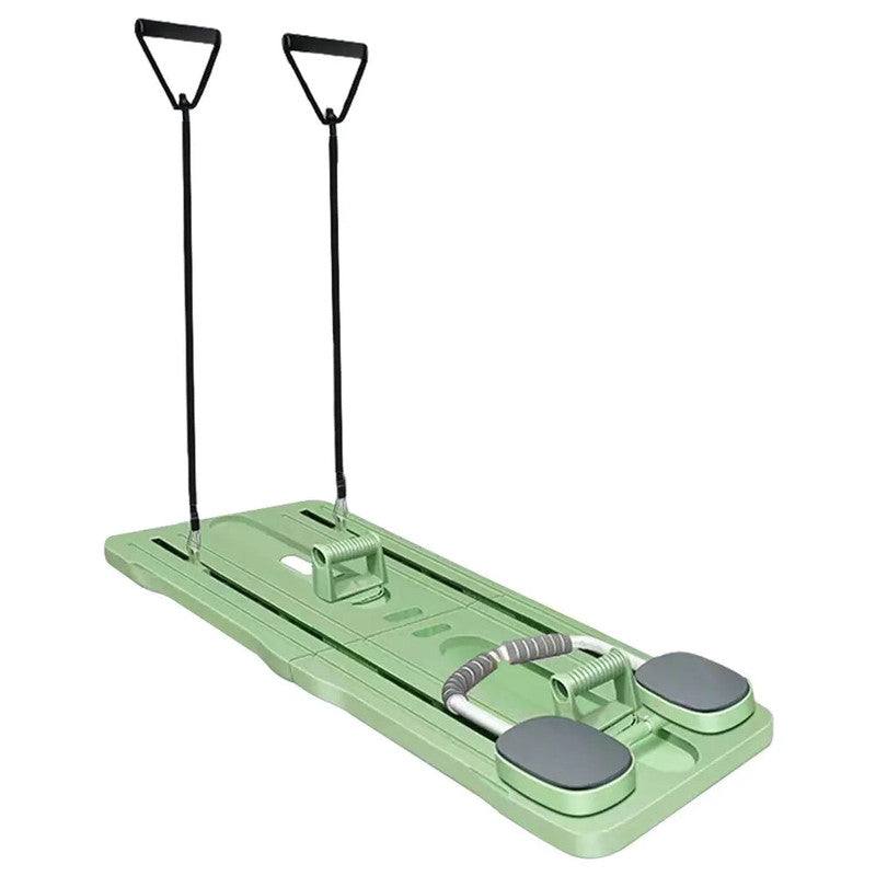 Green 4-in-1 Pilates Board with push-up bars, ab roller, resistance bands, and plank support for full-body home workouts.