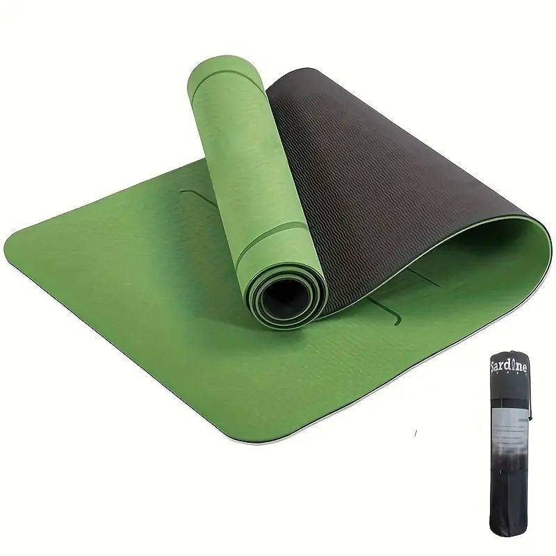 Green and black 8mm thick Sport TPE Yoga Mat with alignment lines and non-slip texture, including a black carrying bag.