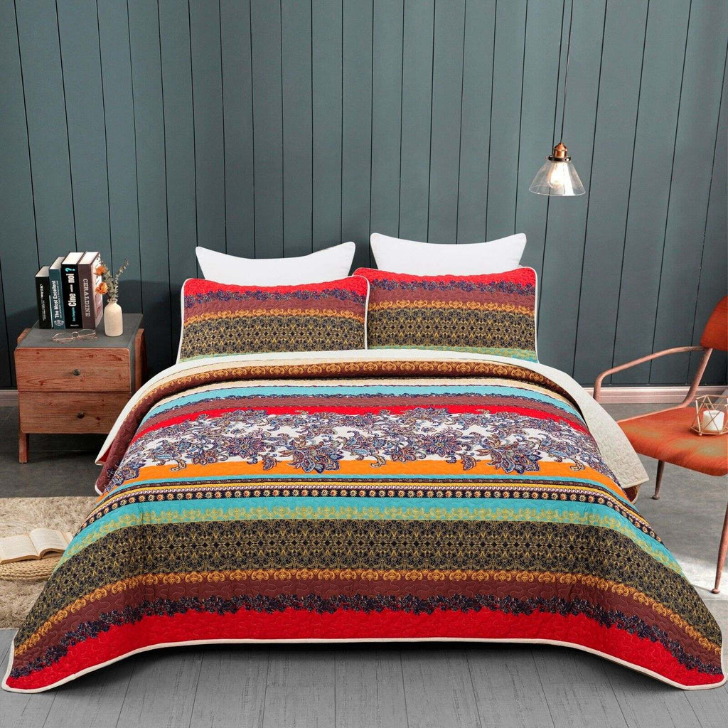 Rusty Boho floral 3-piece queen bedspread and pillow cover set with colorful striped and floral patterns in a cozy bedroom setting