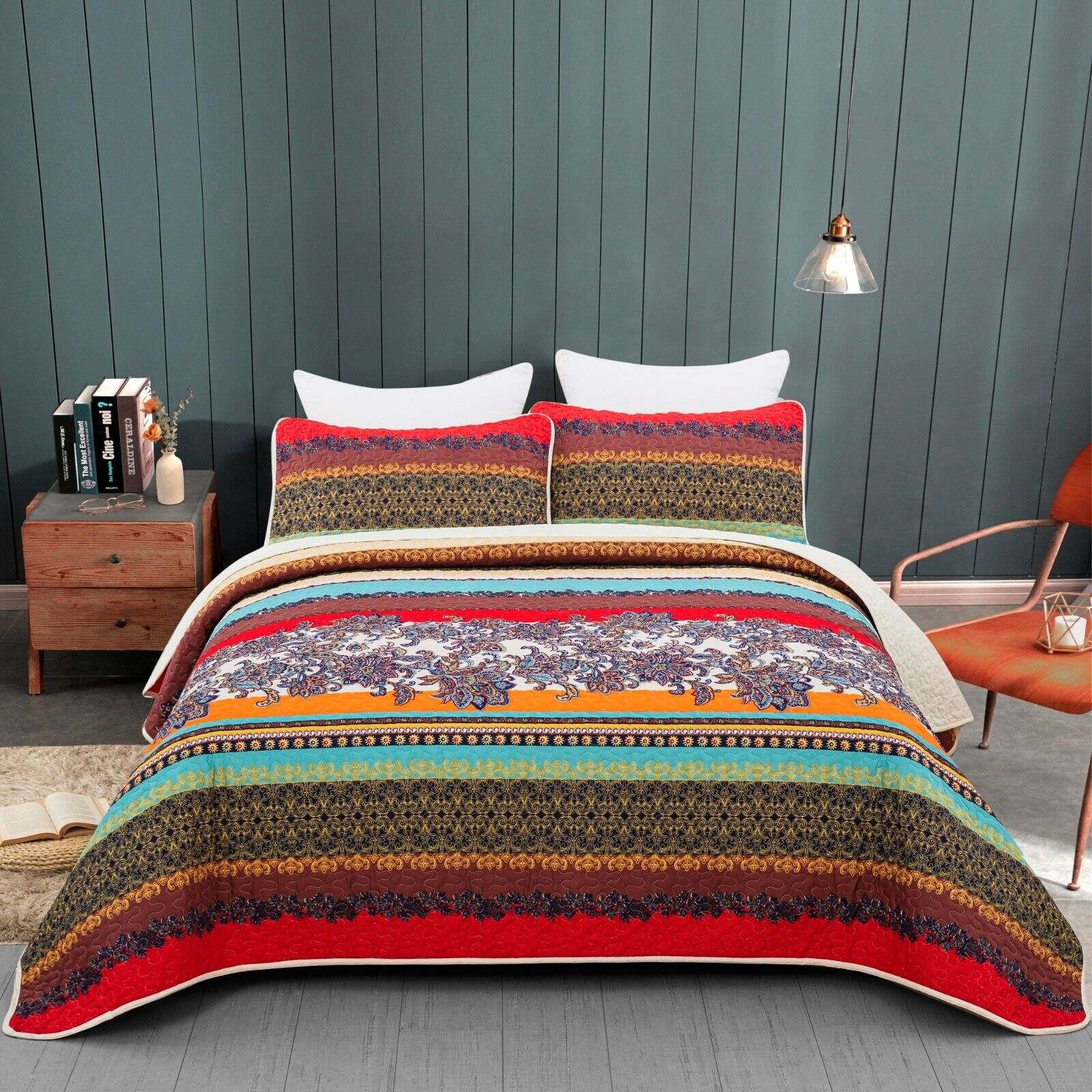 Rusty Boho floral 3-piece queen bedspread and pillow cover set with colorful striped and floral patterns in a cozy bedroom setting