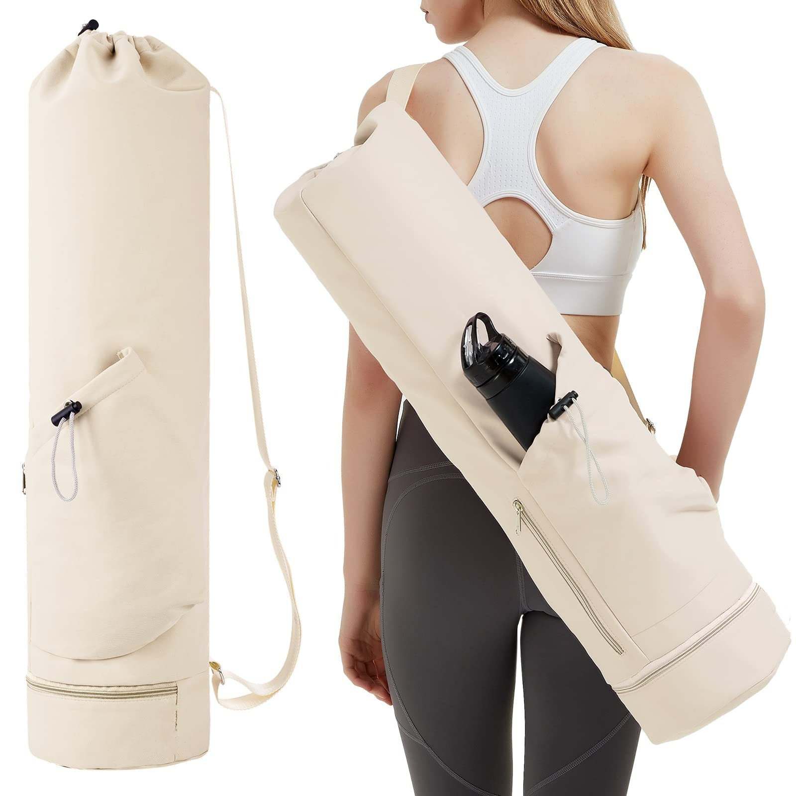 Off white durable yoga mat carry bag with wet pocket and adjustable strap shown on woman in fitness wear