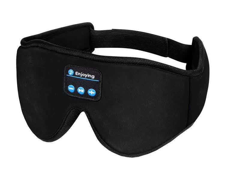 Black 3D contoured Bluetooth sleep eye mask with wireless music controls and adjustable strap for travel and meditation