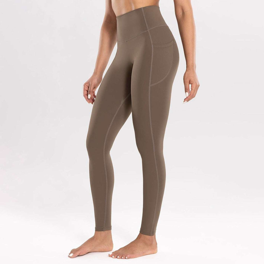 Dark khaki high-waist seamless yoga leggings with side pockets, ultra soft and quick-dry workout tights