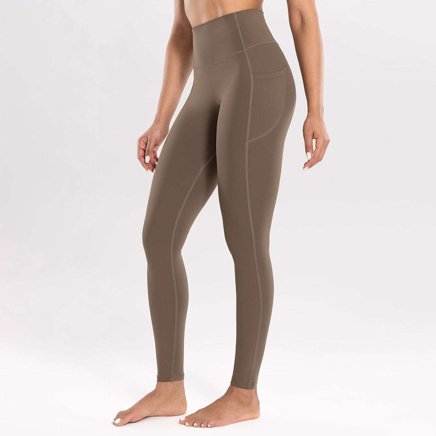 Dark khaki high-waist seamless yoga leggings with side pockets, ultra soft and quick-dry workout tights
