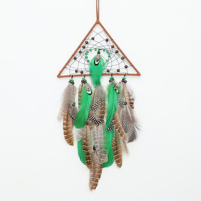 Triangles Boho Forest Dreamcatcher with green and natural feathers and wooden beads hanging pendant decor