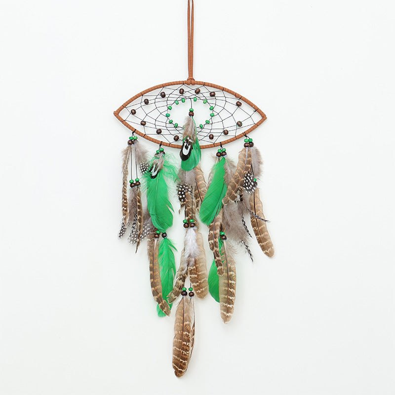 Eye-shaped boho dreamcatcher with green, brown, and natural feathers and beads hanging pendant decor