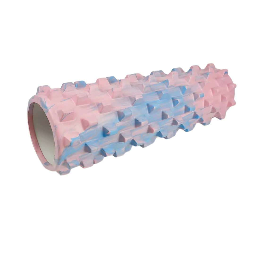 Colorful hollow yoga foam roller with wolf tooth texture for muscle relaxation and deep tissue massage, 45cm length.