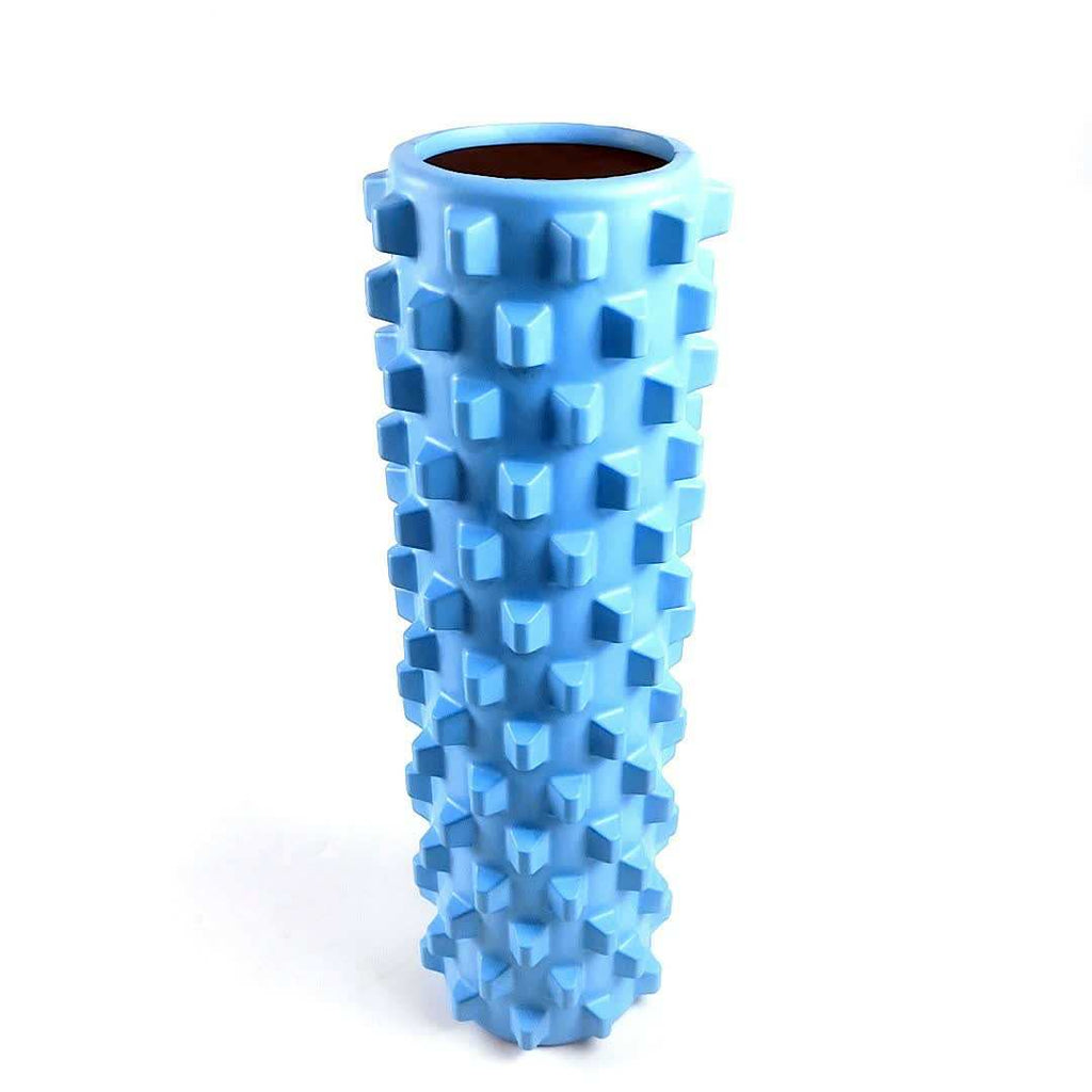 Blue solid yoga foam roller with textured wolf tooth pattern for muscle relaxation and deep massage, 45cm length