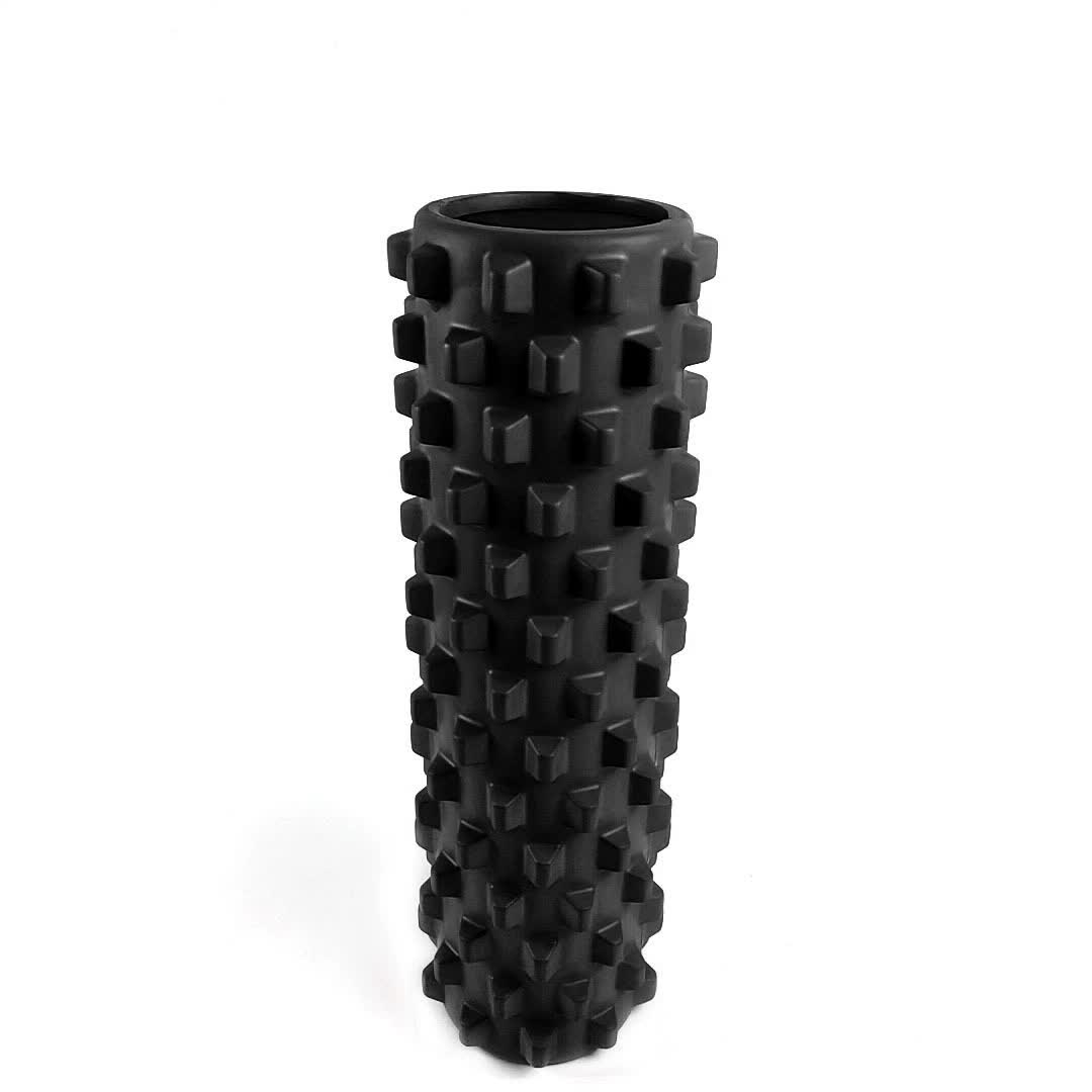Black solid yoga foam roller with wolf tooth texture for muscle relaxation and deep massage, 45cm high-density EVA foam