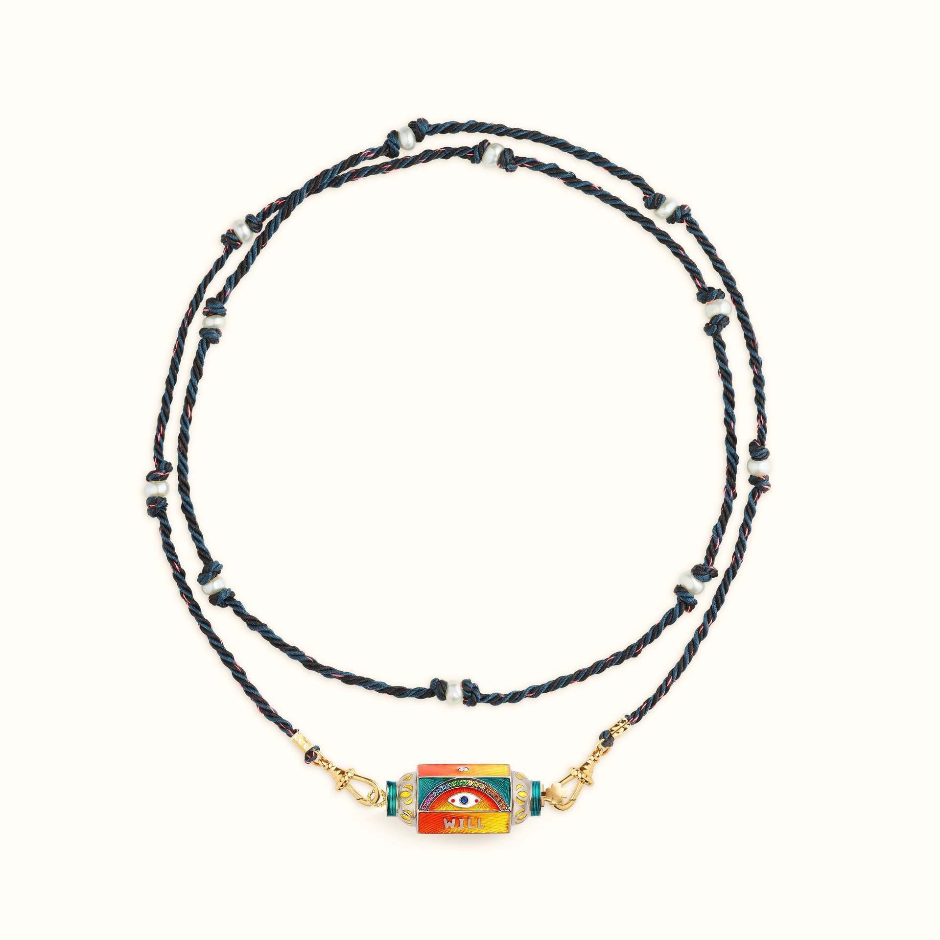 Mystical Tarot Charm Necklace with red eye pattern pendant and black cord chain, gold-plated boho style accessory