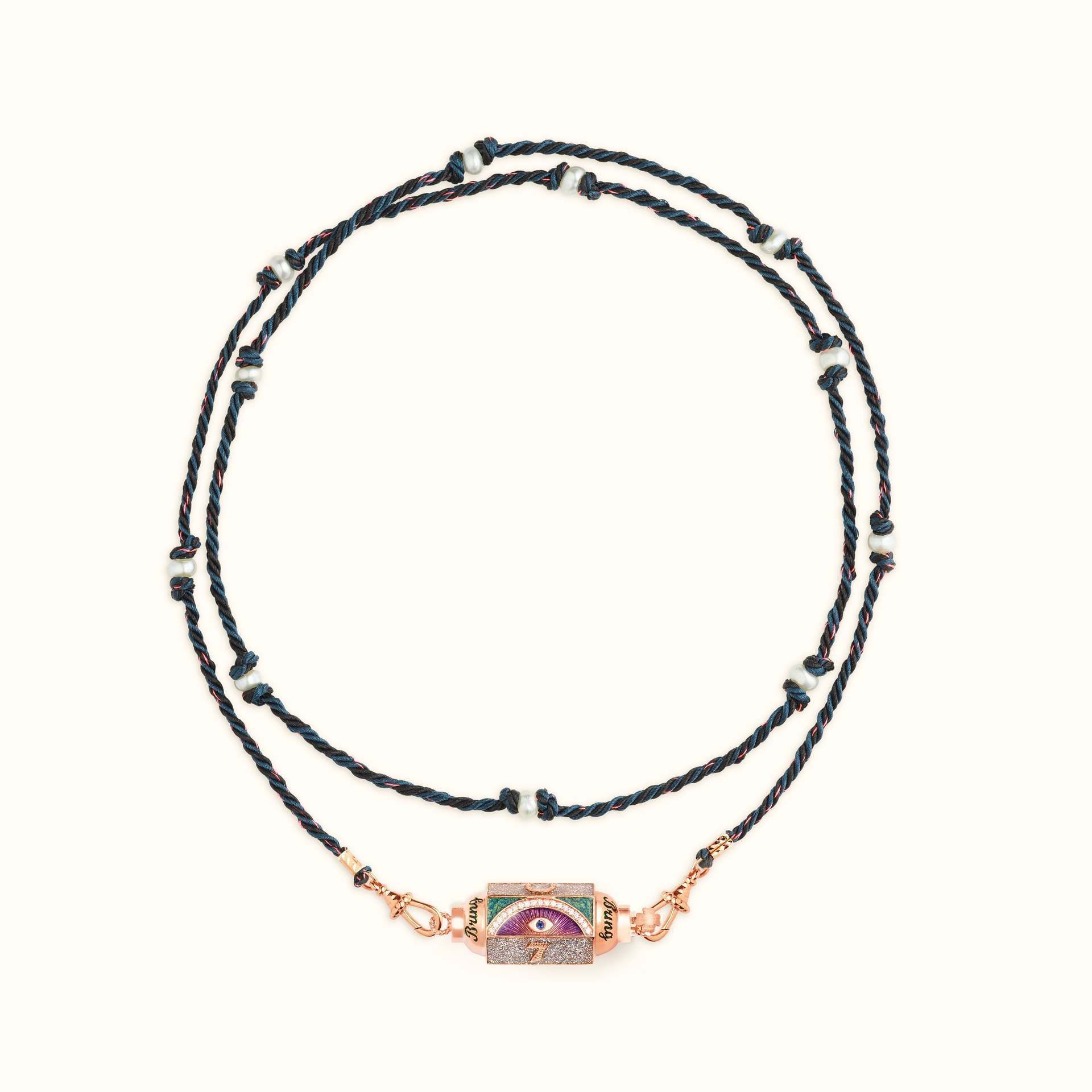 Mystical Tarot charm necklace with purple eye pendant and gold-plated details on a black cord chain