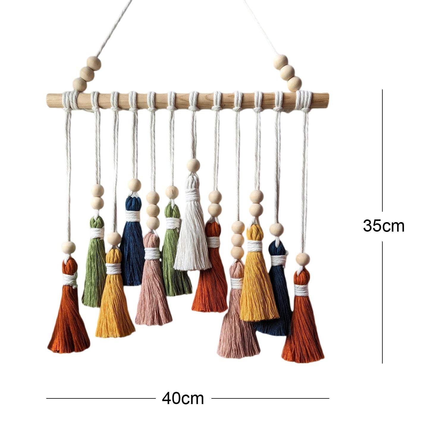 Colorful tassel wall hanging with wooden beads, handcrafted macrame cotton tapestry in boho style, 40cm by 35cm.