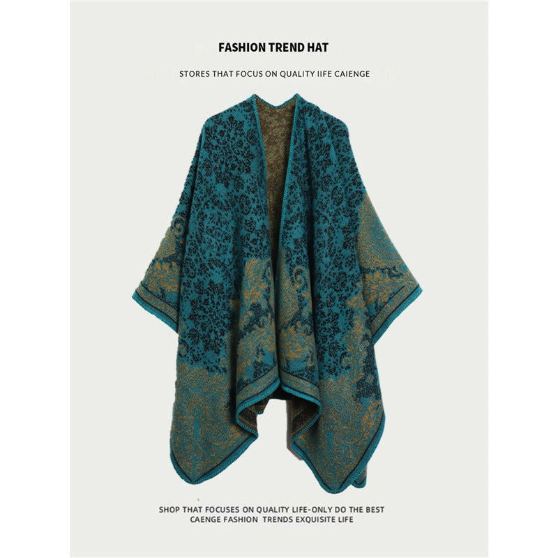 Ethnic boho shawl for women in green with intricate floral patterns and open-front split cape design.