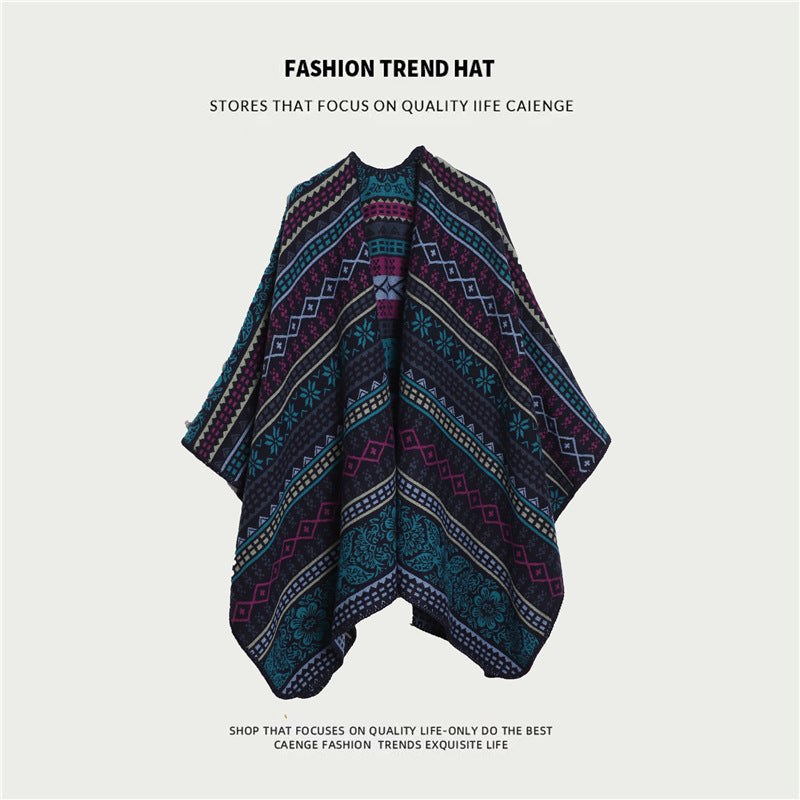 Ethnic Boho shawl in green and purple with intricate floral patterns and split cape design for women