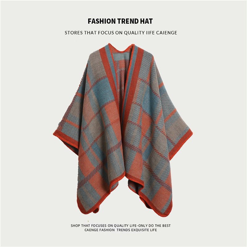 Orange ethnic boho shawl with floral-inspired pattern and split cape design for women