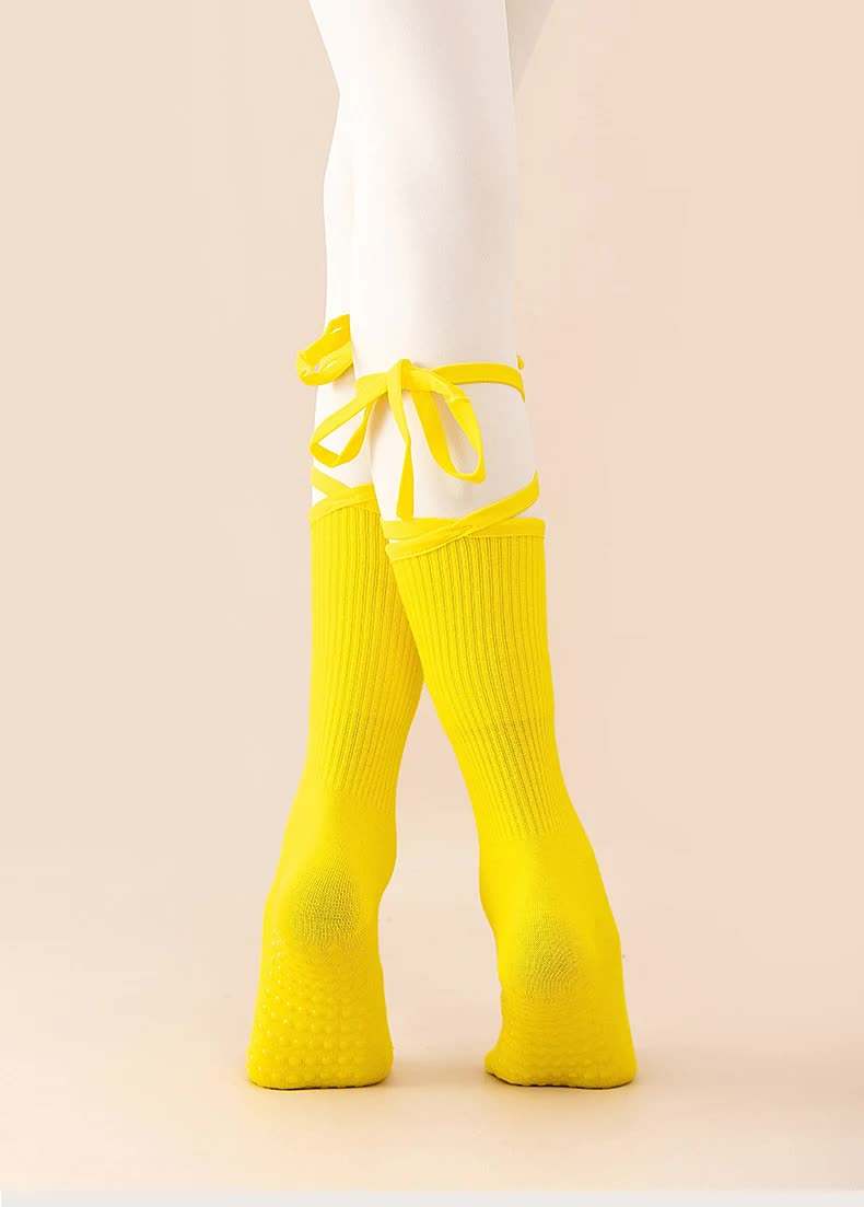 Yellow non-slip yoga socks with cross straps for women, lightweight cotton Pilates and dance socks