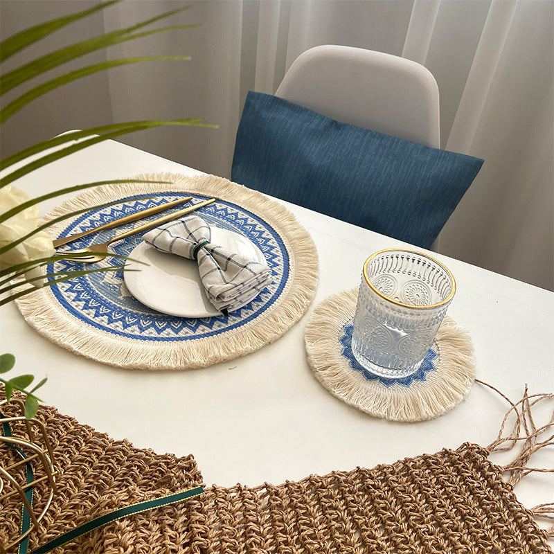 4 Pcs Beige and Grey Boho Chic Woven Cotton Placemat with Tassels