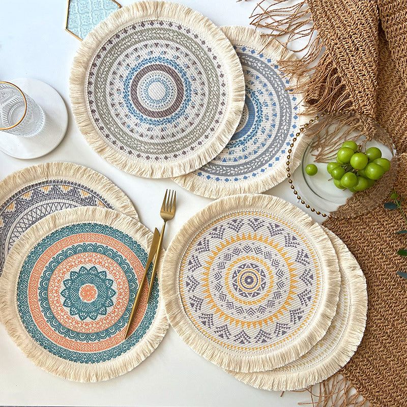 4 Pcs Beige and Yellow Boho Chic Woven Cotton Placemat with Tassels