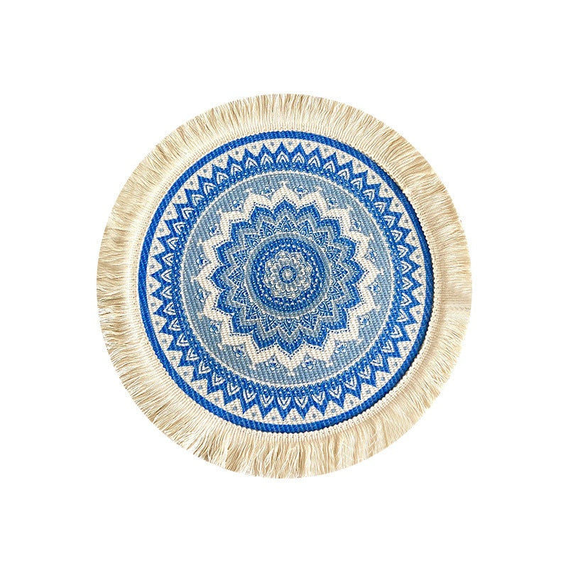 4 Pcs Beige and Yellow Boho Chic Woven Cotton Placemat with Tassels